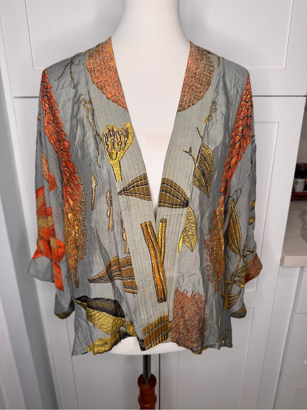 One Hundred Stars Kimono Jacket Short Gray Botanical Floral Beige Orange CoverUp